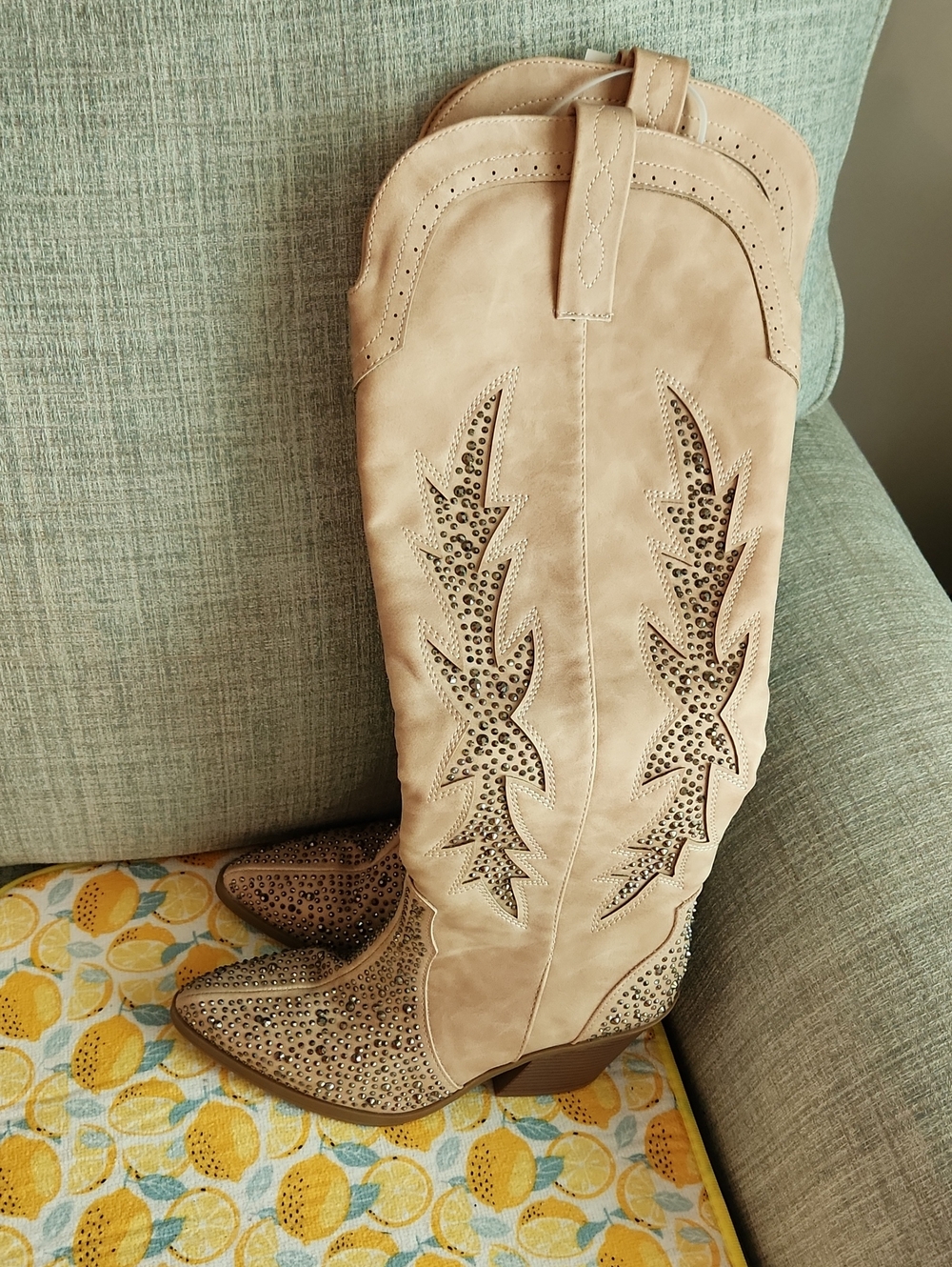 Sugar Beige Studded Western Knee-High Boots